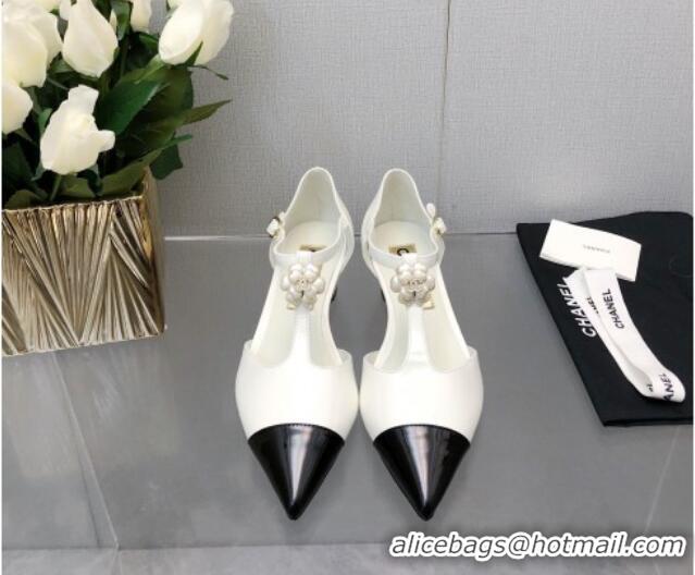 Grade Quality Chanel Shiny Calfskin Mary Janes Wedge Pumps with Bloom White 2025 CH041722