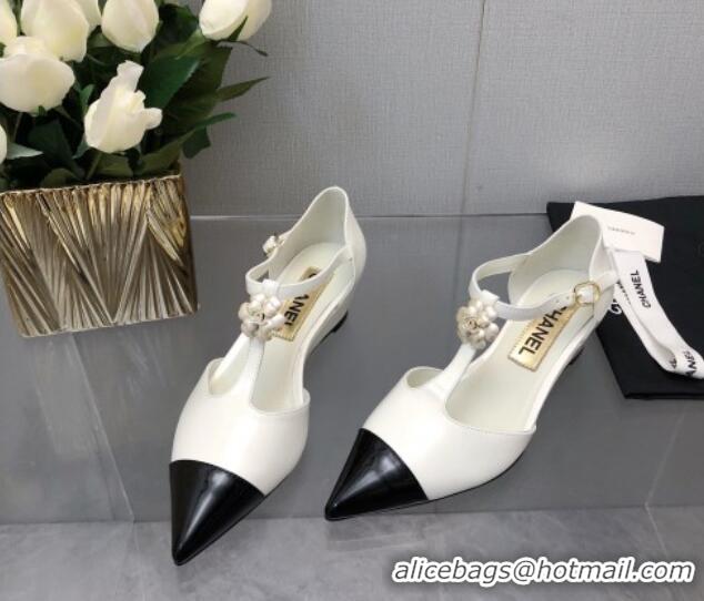 Grade Quality Chanel Shiny Calfskin Mary Janes Wedge Pumps with Bloom White 2025 CH041722