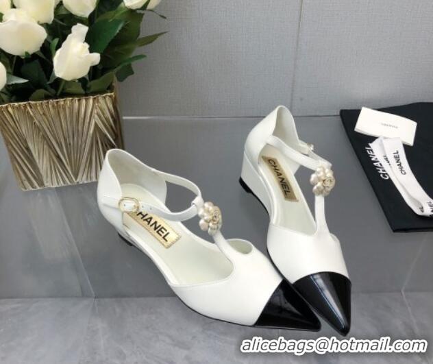 Grade Quality Chanel Shiny Calfskin Mary Janes Wedge Pumps with Bloom White 2025 CH041722