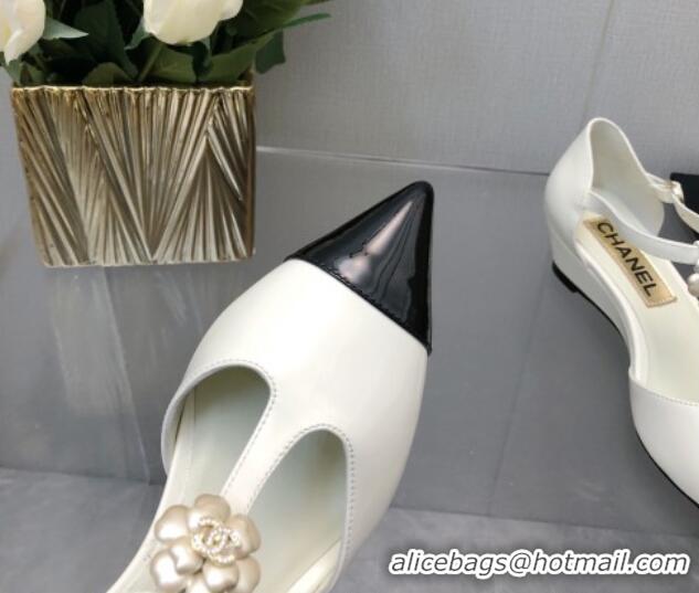 Grade Quality Chanel Shiny Calfskin Mary Janes Wedge Pumps with Bloom White 2025 CH041722