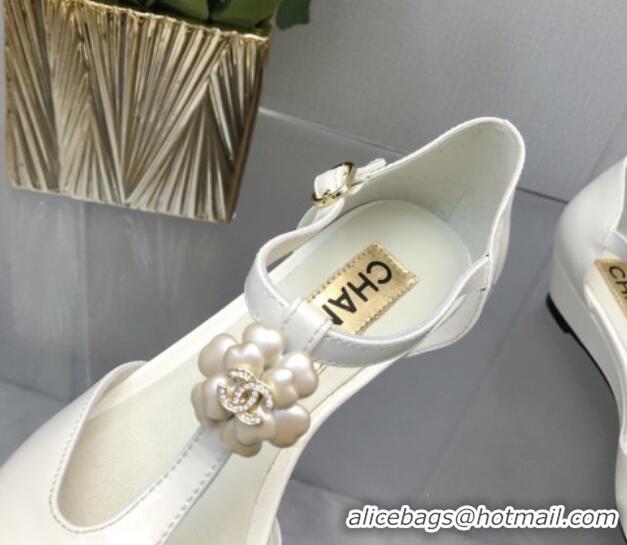 Grade Quality Chanel Shiny Calfskin Mary Janes Wedge Pumps with Bloom White 2025 CH041722