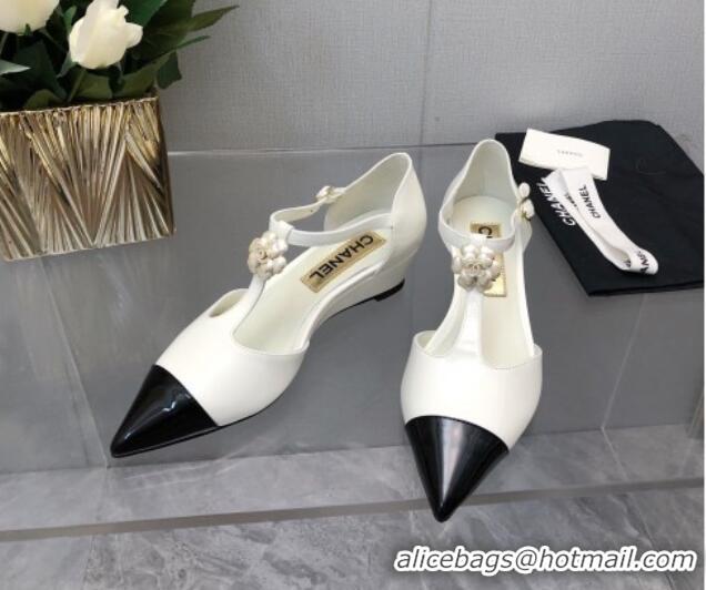 Grade Quality Chanel Shiny Calfskin Mary Janes Wedge Pumps with Bloom White 2025 CH041722