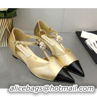 Low Price Chanel Shiny Calfskin Mary Janes Wedge Pumps with Bloom Gold 2025 CH041722