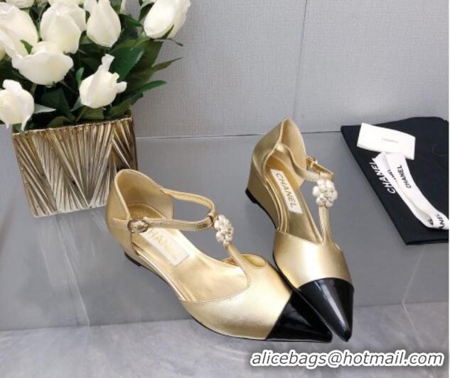 Low Price Chanel Shiny Calfskin Mary Janes Wedge Pumps with Bloom Gold 2025 CH041722