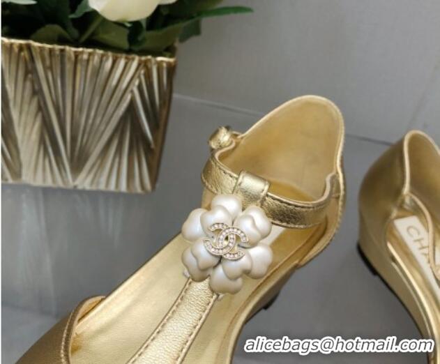 Low Price Chanel Shiny Calfskin Mary Janes Wedge Pumps with Bloom Gold 2025 CH041722