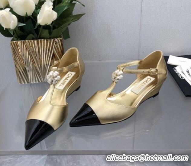 Low Price Chanel Shiny Calfskin Mary Janes Wedge Pumps with Bloom Gold 2025 CH041722