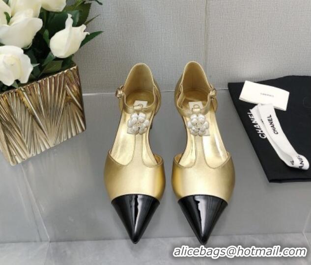 Low Price Chanel Shiny Calfskin Mary Janes Wedge Pumps with Bloom Gold 2025 CH041722