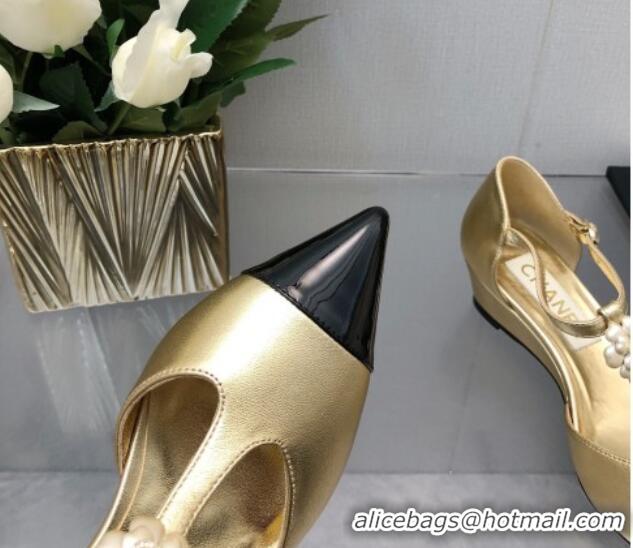 Low Price Chanel Shiny Calfskin Mary Janes Wedge Pumps with Bloom Gold 2025 CH041722