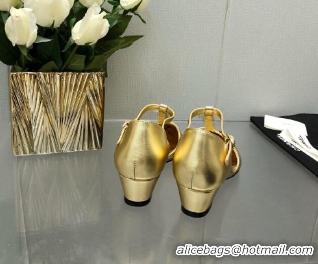 Low Price Chanel Shiny Calfskin Mary Janes Wedge Pumps with Bloom Gold 2025 CH041722