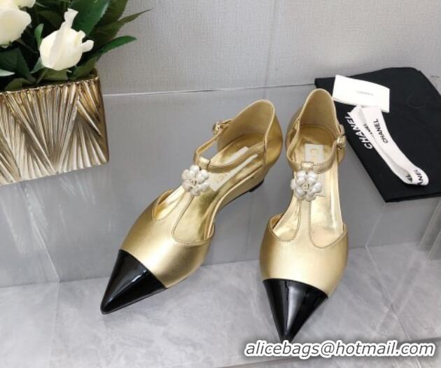 Low Price Chanel Shiny Calfskin Mary Janes Wedge Pumps with Bloom Gold 2025 CH041722