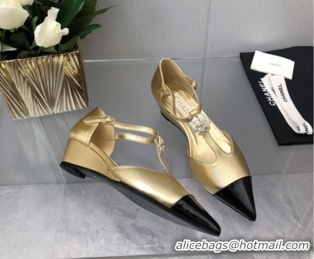 Low Price Chanel Shiny Calfskin Mary Janes Wedge Pumps with Bloom Gold 2025 CH041722