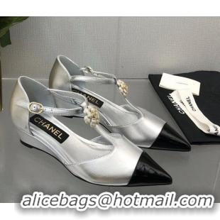 Best Grade Chanel Shiny Calfskin Mary Janes Wedge Pumps with Bloom Silver 2025 CH041722