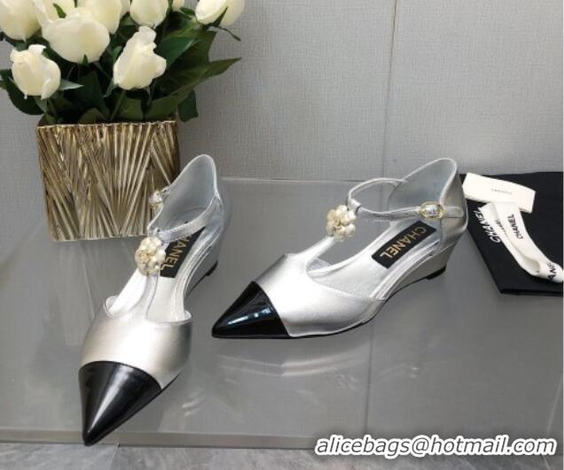 Best Grade Chanel Shiny Calfskin Mary Janes Wedge Pumps with Bloom Silver 2025 CH041722
