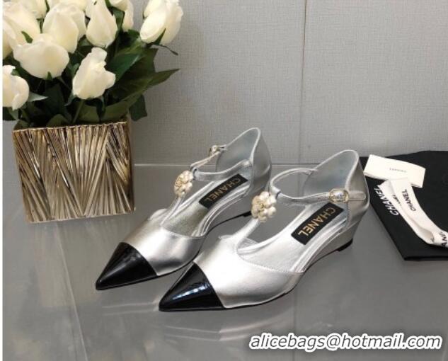 Best Grade Chanel Shiny Calfskin Mary Janes Wedge Pumps with Bloom Silver 2025 CH041722