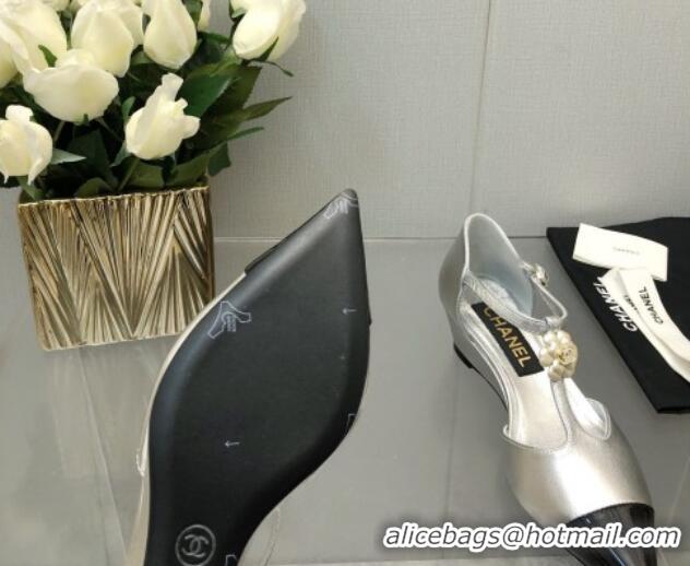 Best Grade Chanel Shiny Calfskin Mary Janes Wedge Pumps with Bloom Silver 2025 CH041722
