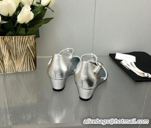 Best Grade Chanel Shiny Calfskin Mary Janes Wedge Pumps with Bloom Silver 2025 CH041722
