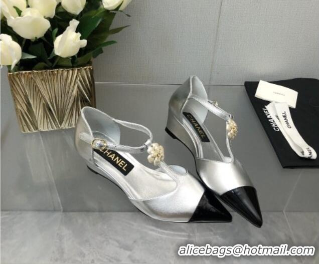 Best Grade Chanel Shiny Calfskin Mary Janes Wedge Pumps with Bloom Silver 2025 CH041722