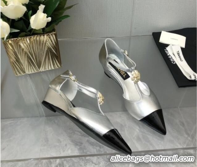 Best Grade Chanel Shiny Calfskin Mary Janes Wedge Pumps with Bloom Silver 2025 CH041722