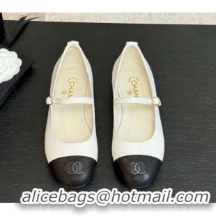 Popular Style Chanel Cotton & Lambskin Mary Janes Ballet Flats White 2025 G46379
