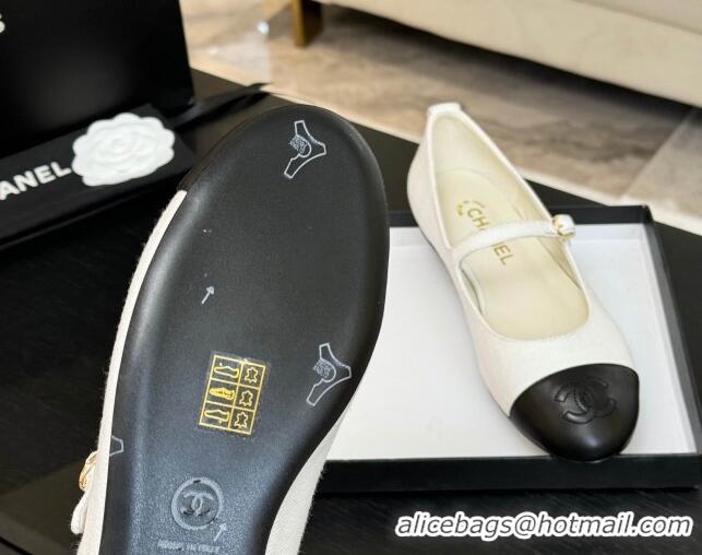Popular Style Chanel Cotton & Lambskin Mary Janes Ballet Flats White 2025 G46379