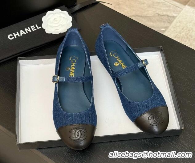 Top Design Chanel Denim & Lambskin Mary Janes Ballet Flats Navy Blue 2025 G46379
