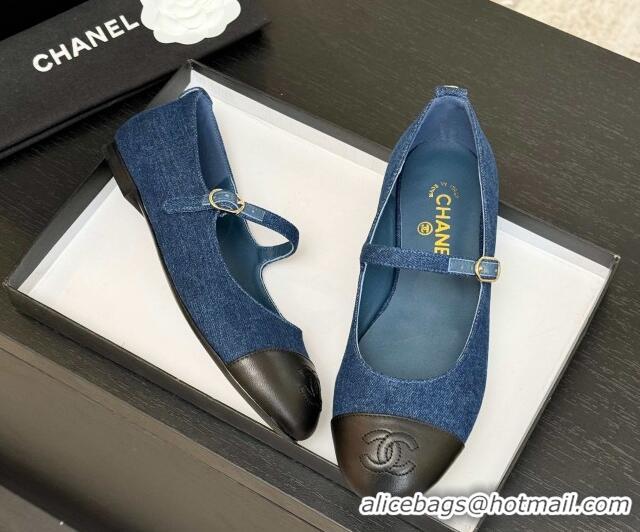 Top Design Chanel Denim & Lambskin Mary Janes Ballet Flats Navy Blue 2025 G46379