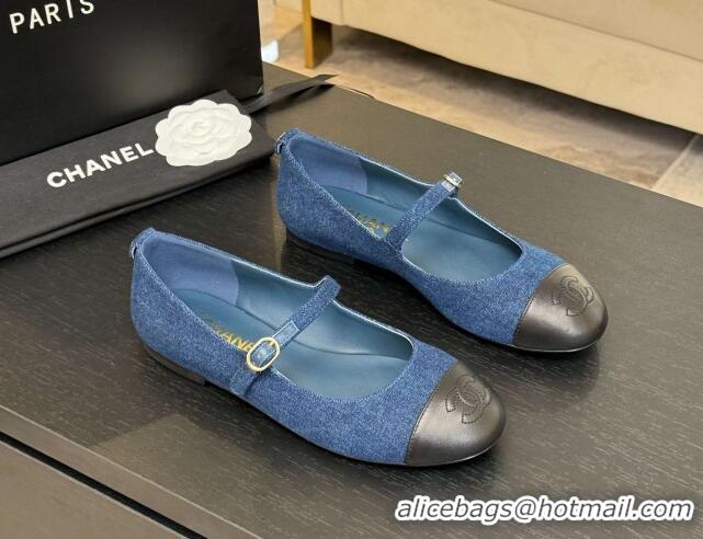 Top Design Chanel Denim & Lambskin Mary Janes Ballet Flats Navy Blue 2025 G46379