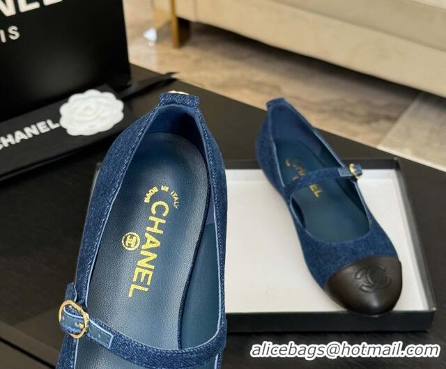 Top Design Chanel Denim & Lambskin Mary Janes Ballet Flats Navy Blue 2025 G46379