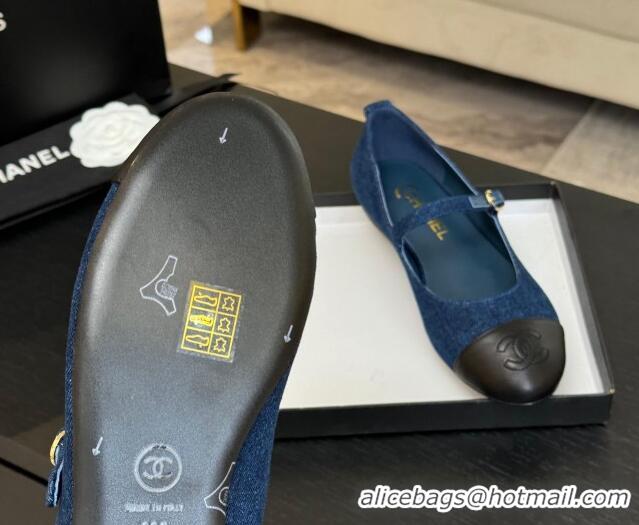 Top Design Chanel Denim & Lambskin Mary Janes Ballet Flats Navy Blue 2025 G46379