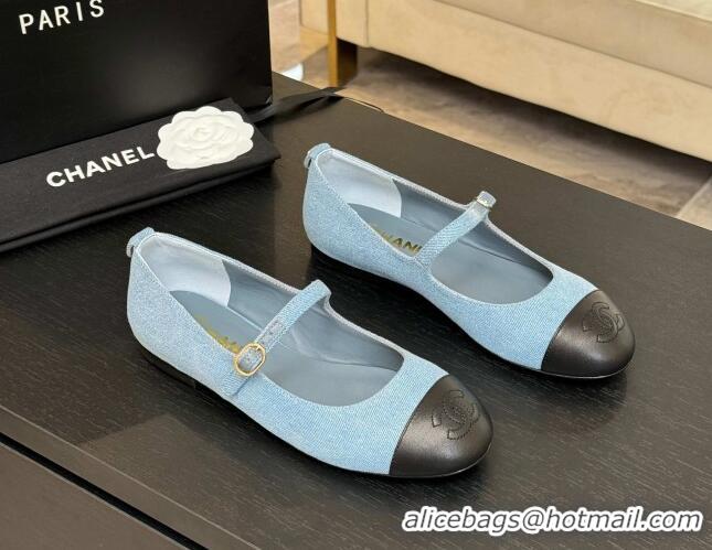 Unique Style Chanel Denim & Lambskin Mary Janes Ballet Flats Light Blue 2025 G46379