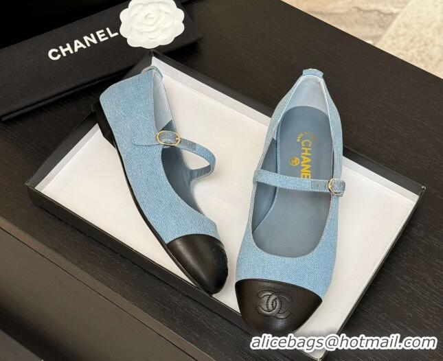 Unique Style Chanel Denim & Lambskin Mary Janes Ballet Flats Light Blue 2025 G46379