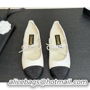 Shop Cheap Chanel Lambskin & Grosgrain Mary Janes Ballet Flats with Lace-up White 2025 G46324