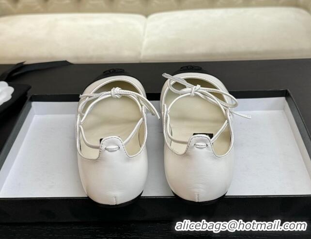 Shop Cheap Chanel Lambskin & Grosgrain Mary Janes Ballet Flats with Lace-up White 2025 G46324