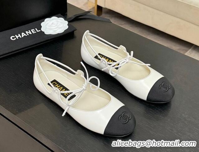 Shop Cheap Chanel Lambskin & Grosgrain Mary Janes Ballet Flats with Lace-up White 2025 G46324