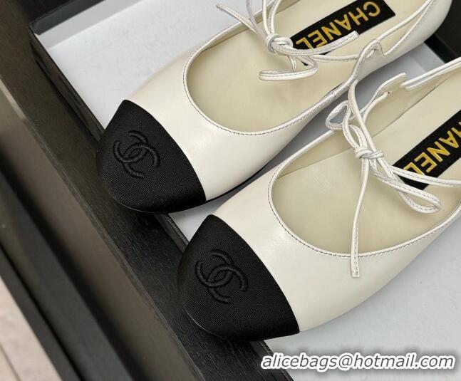 Shop Cheap Chanel Lambskin & Grosgrain Mary Janes Ballet Flats with Lace-up White 2025 G46324