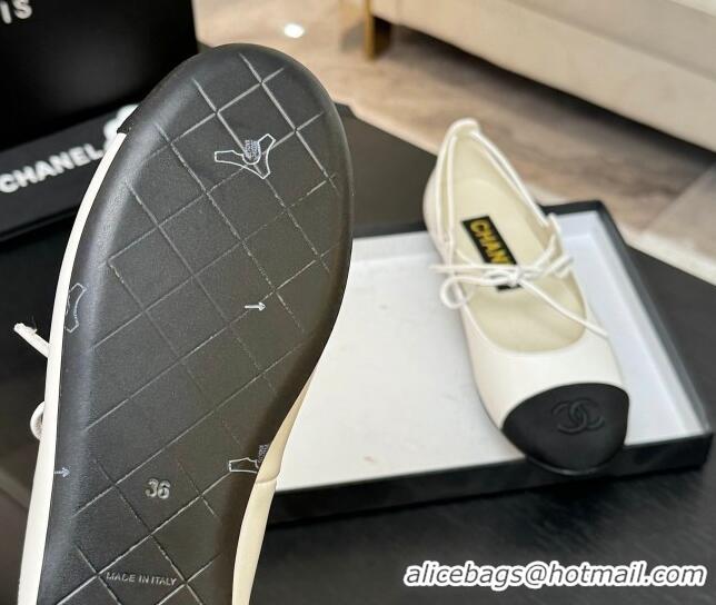 Shop Cheap Chanel Lambskin & Grosgrain Mary Janes Ballet Flats with Lace-up White 2025 G46324