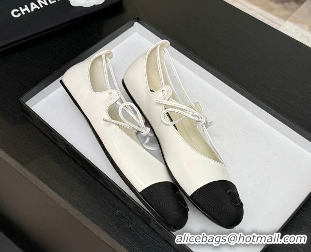Shop Cheap Chanel Lambskin & Grosgrain Mary Janes Ballet Flats with Lace-up White 2025 G46324