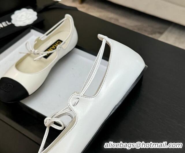 Shop Cheap Chanel Lambskin & Grosgrain Mary Janes Ballet Flats with Lace-up White 2025 G46324