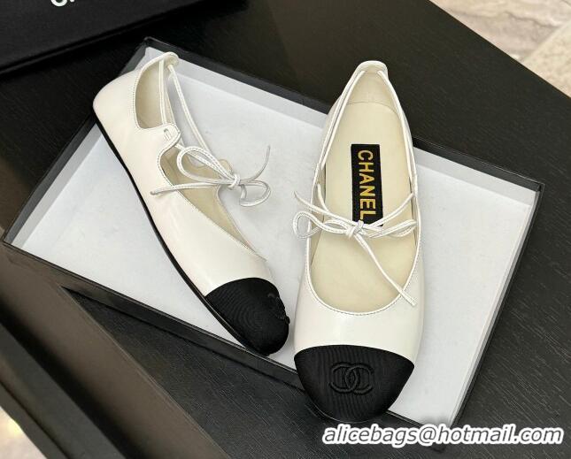 Shop Cheap Chanel Lambskin & Grosgrain Mary Janes Ballet Flats with Lace-up White 2025 G46324