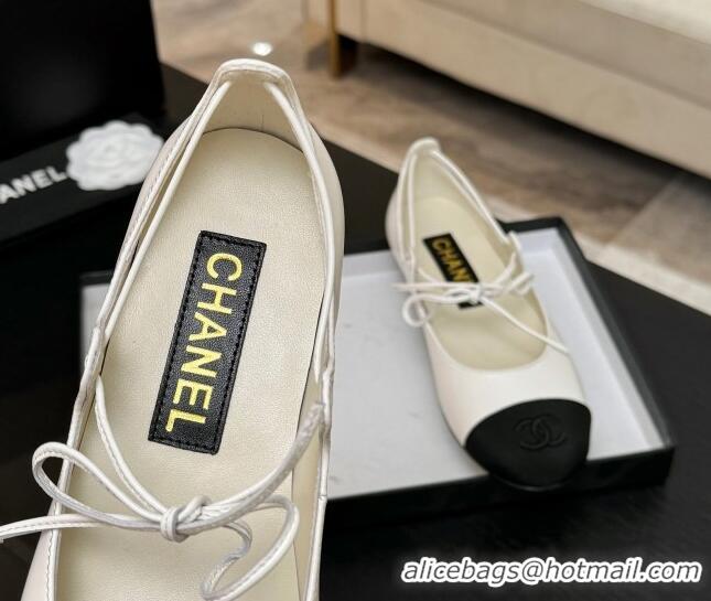 Shop Cheap Chanel Lambskin & Grosgrain Mary Janes Ballet Flats with Lace-up White 2025 G46324