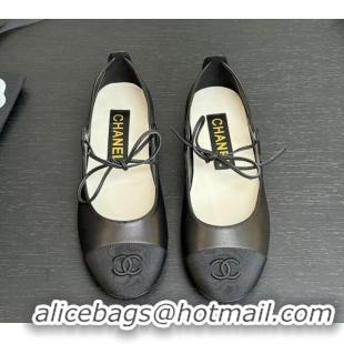 Good Quality Chanel Lambskin & Grosgrain Mary Janes Ballet Flats with Lace-up Black 2025 G46324