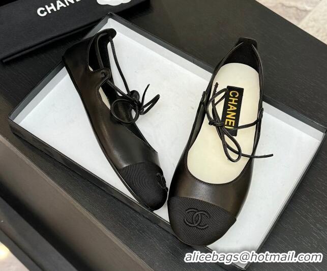 Good Quality Chanel Lambskin & Grosgrain Mary Janes Ballet Flats with Lace-up Black 2025 G46324