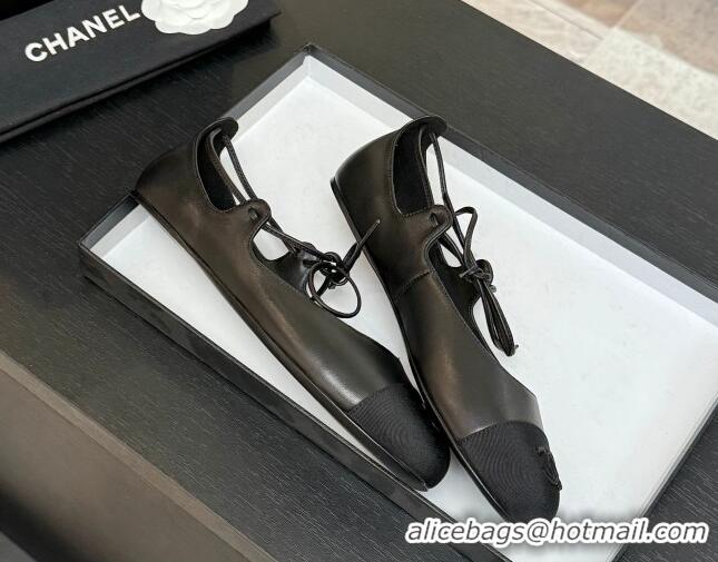 Good Quality Chanel Lambskin & Grosgrain Mary Janes Ballet Flats with Lace-up Black 2025 G46324