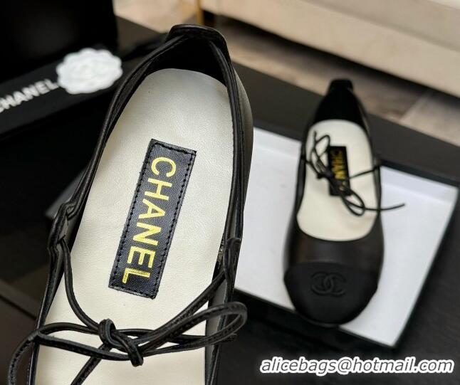 Good Quality Chanel Lambskin & Grosgrain Mary Janes Ballet Flats with Lace-up Black 2025 G46324