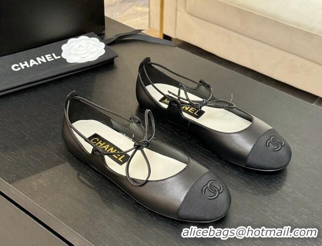 Good Quality Chanel Lambskin & Grosgrain Mary Janes Ballet Flats with Lace-up Black 2025 G46324
