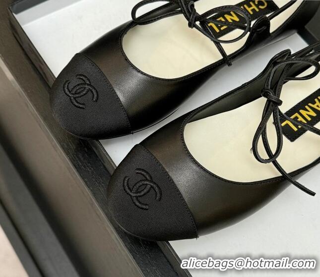 Good Quality Chanel Lambskin & Grosgrain Mary Janes Ballet Flats with Lace-up Black 2025 G46324
