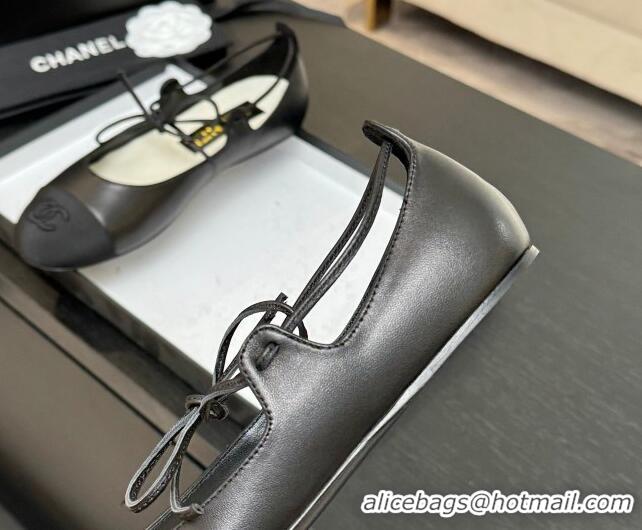 Good Quality Chanel Lambskin & Grosgrain Mary Janes Ballet Flats with Lace-up Black 2025 G46324