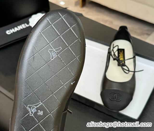 Good Quality Chanel Lambskin & Grosgrain Mary Janes Ballet Flats with Lace-up Black 2025 G46324