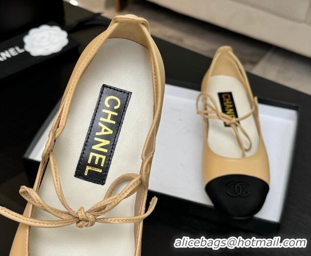 Luxury Discount Chanel Lambskin & Grosgrain Mary Janes Ballet Flats with Lace-up Beige Yellow 2025 G46324