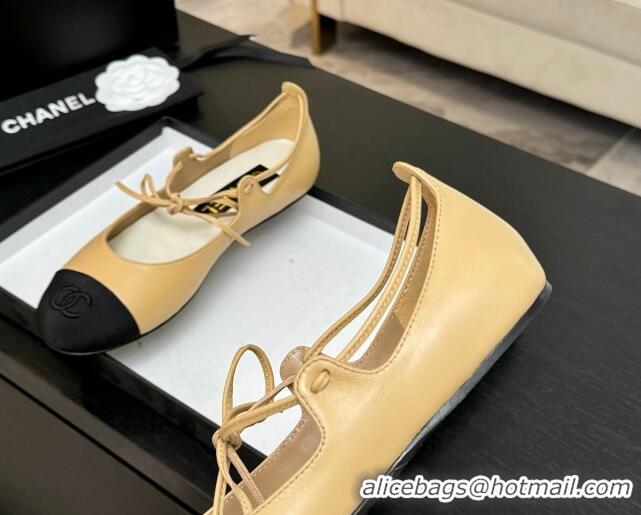 Luxury Discount Chanel Lambskin & Grosgrain Mary Janes Ballet Flats with Lace-up Beige Yellow 2025 G46324